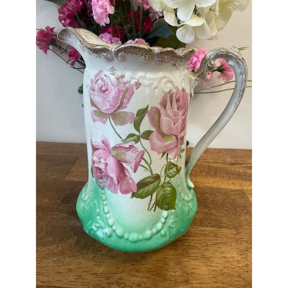 Vintage W Adams England Crown Nitrex Pink Rose Pitcher Green Ombre‎ Floral Jug
